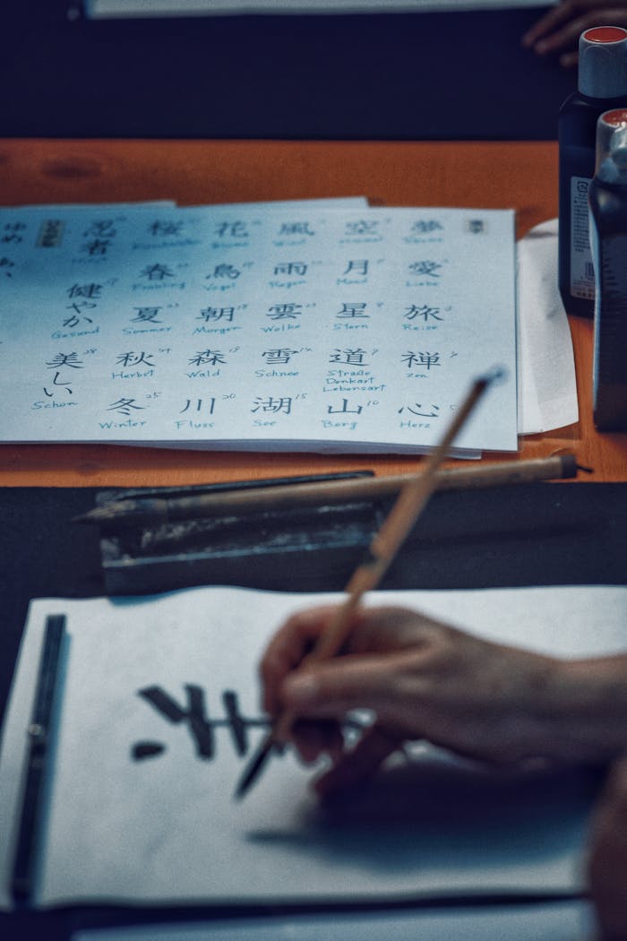 gallery-2 Close-up of a person practicing Japanese calligraphy with traditional tools.